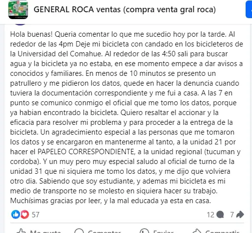 bici robada y recuperada mensaje redes